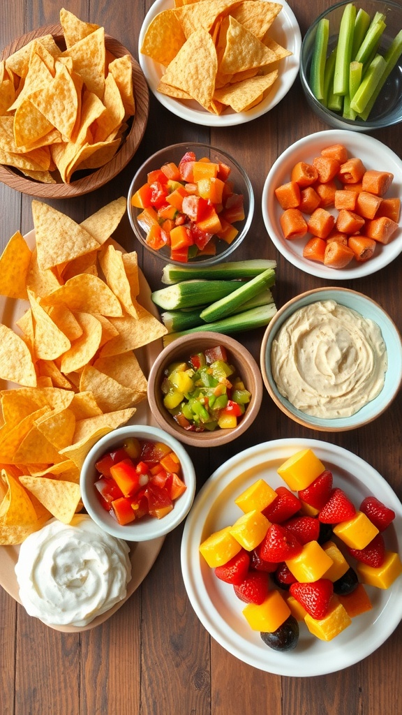 Colorful snack spread with tortilla chips, vegetable sticks, fruit skewers, and dips on a wooden table.